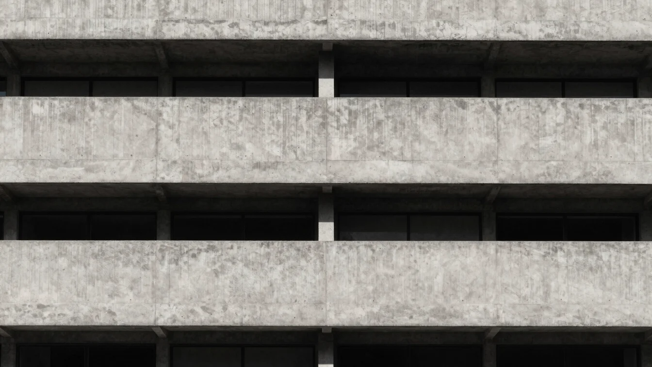 Minimalist photograph of a brutalist concrete building facade, sh
