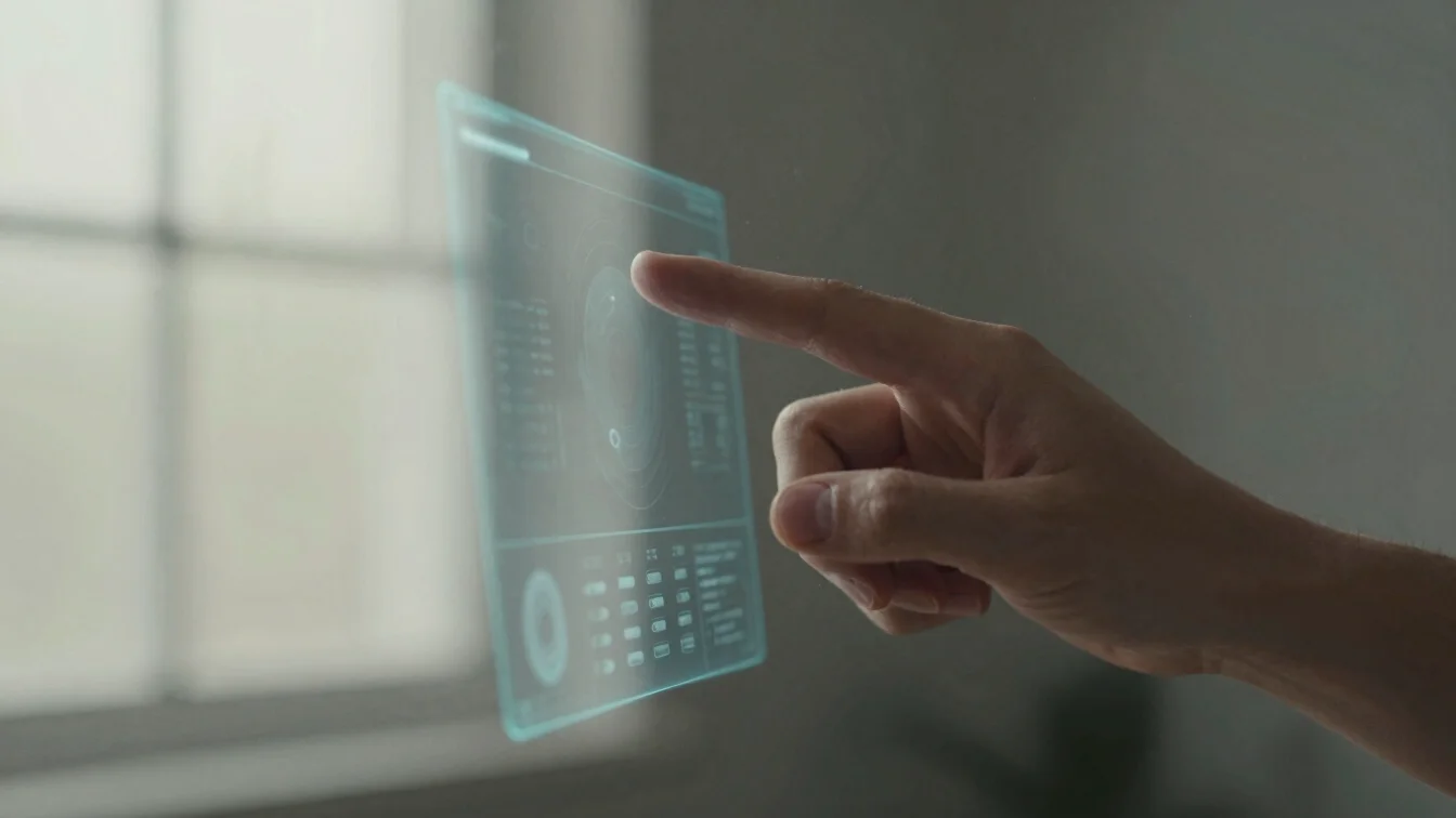 Close-up of human hand interacting with a holographic interface,