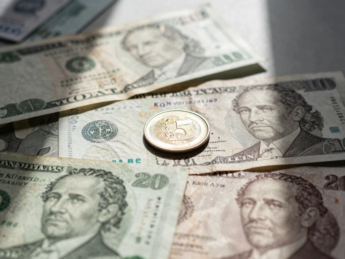 Close-up of vintage banknotes and a modern digital coin, subtle d