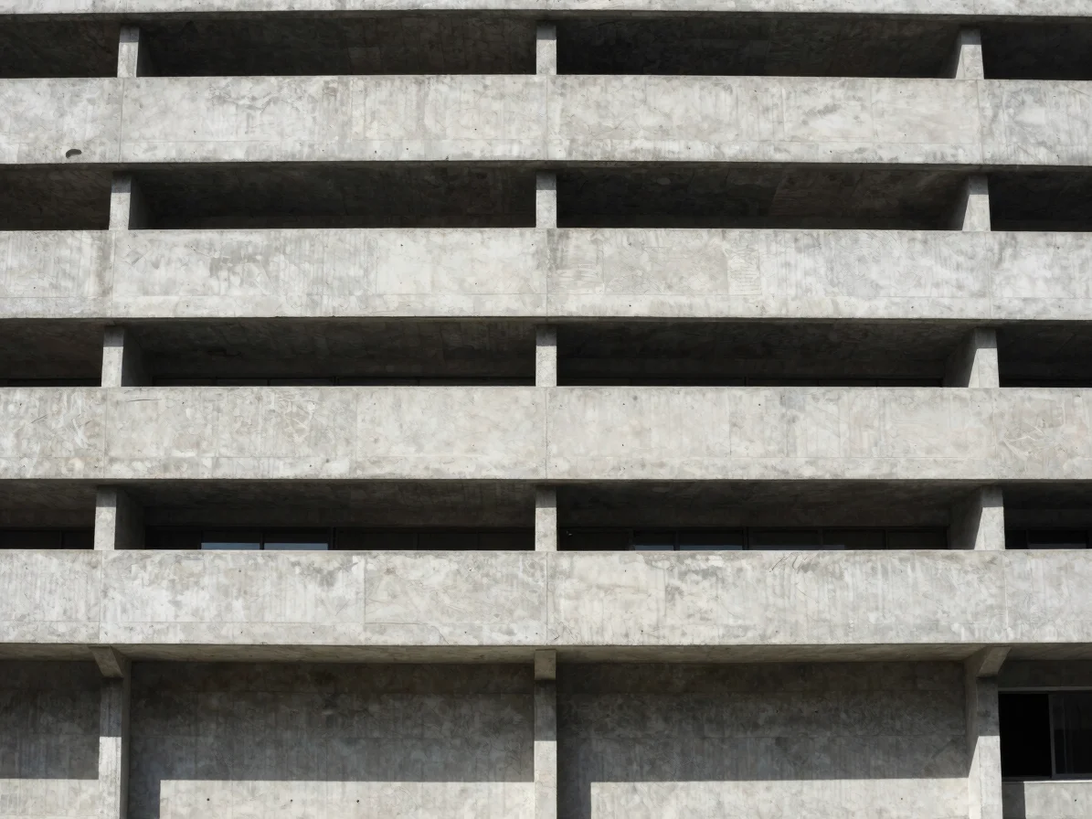 Minimalist photo of a brutalist concrete building facade under sh